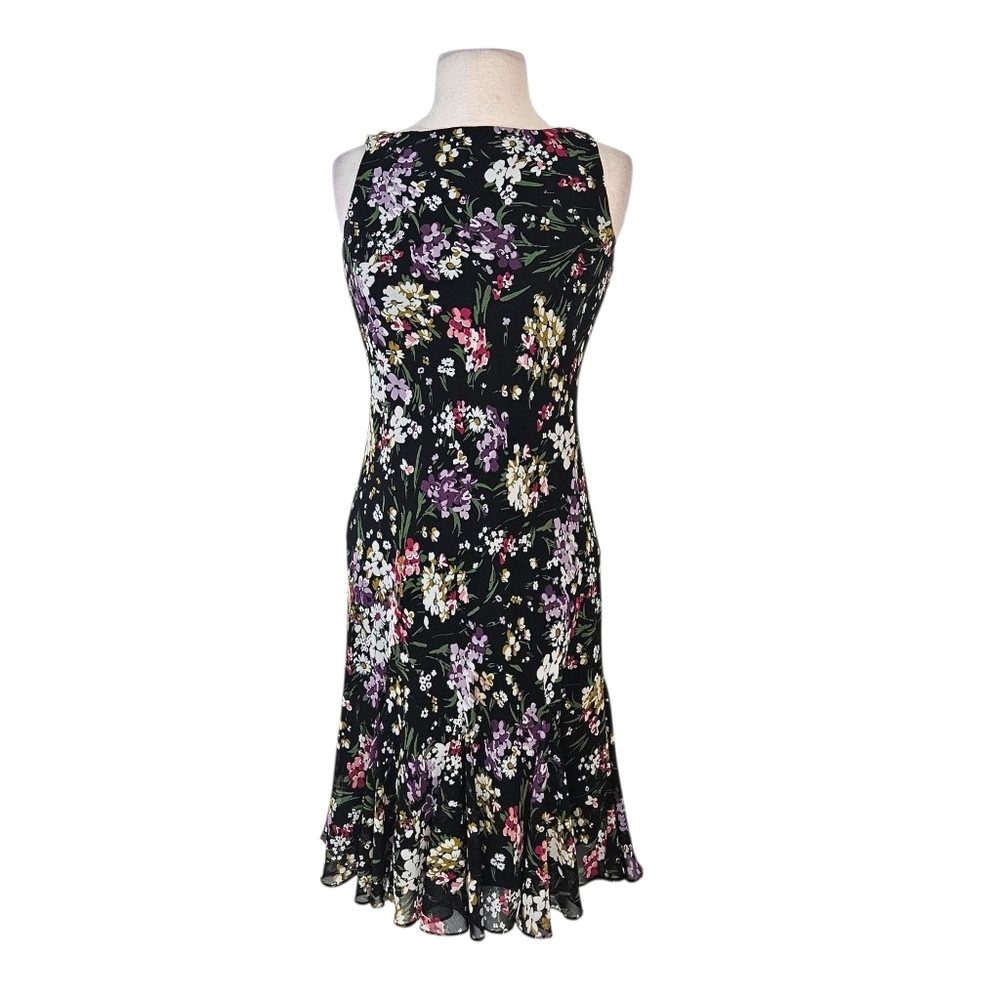 Ralph Lauren Chaps Black Floral Print Ruffle Hem Dress